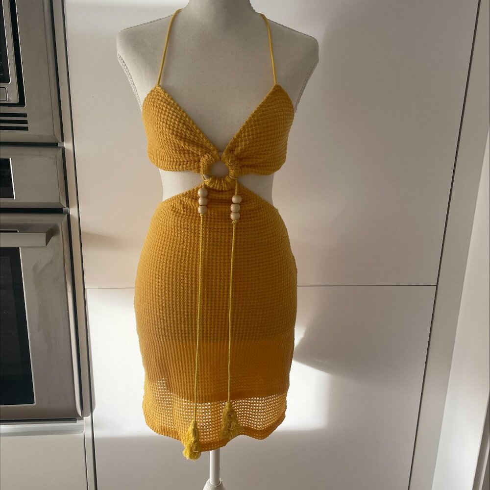 Yellow Crochet Cut Out Halter Mini Dress - Size S